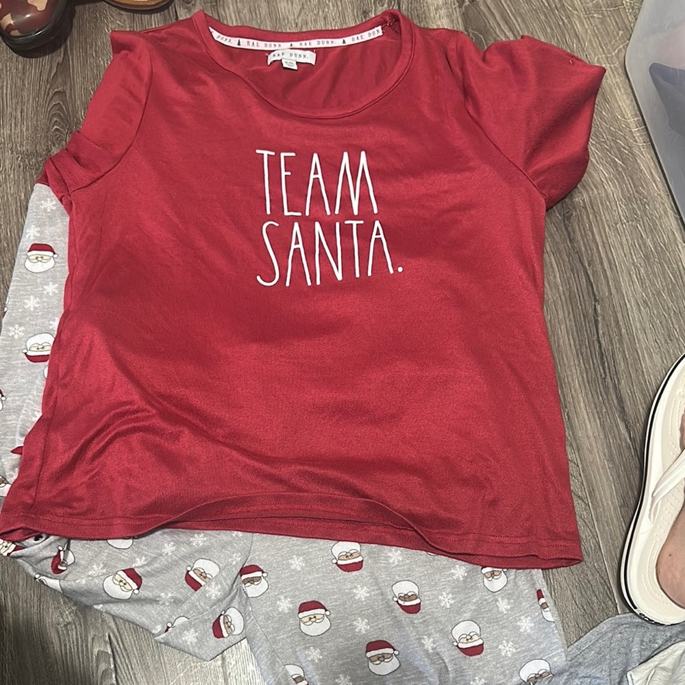 Rae Dunn Red long Sleeve Tee Team Santa and Jogger Santa pants set
